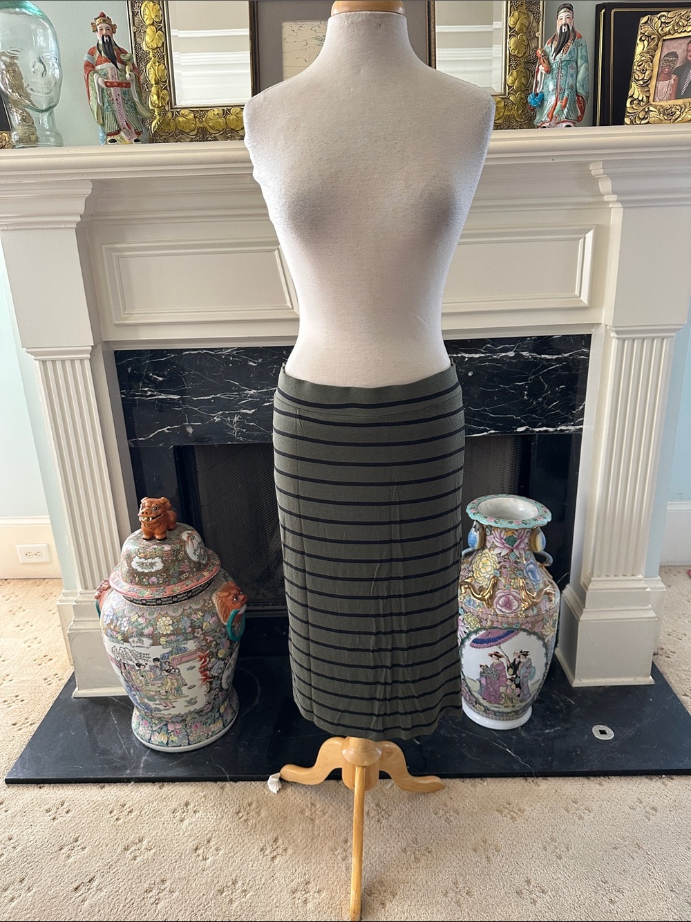 Apt. 9 Olive Green and Black Striped Midi Pencil Skirt